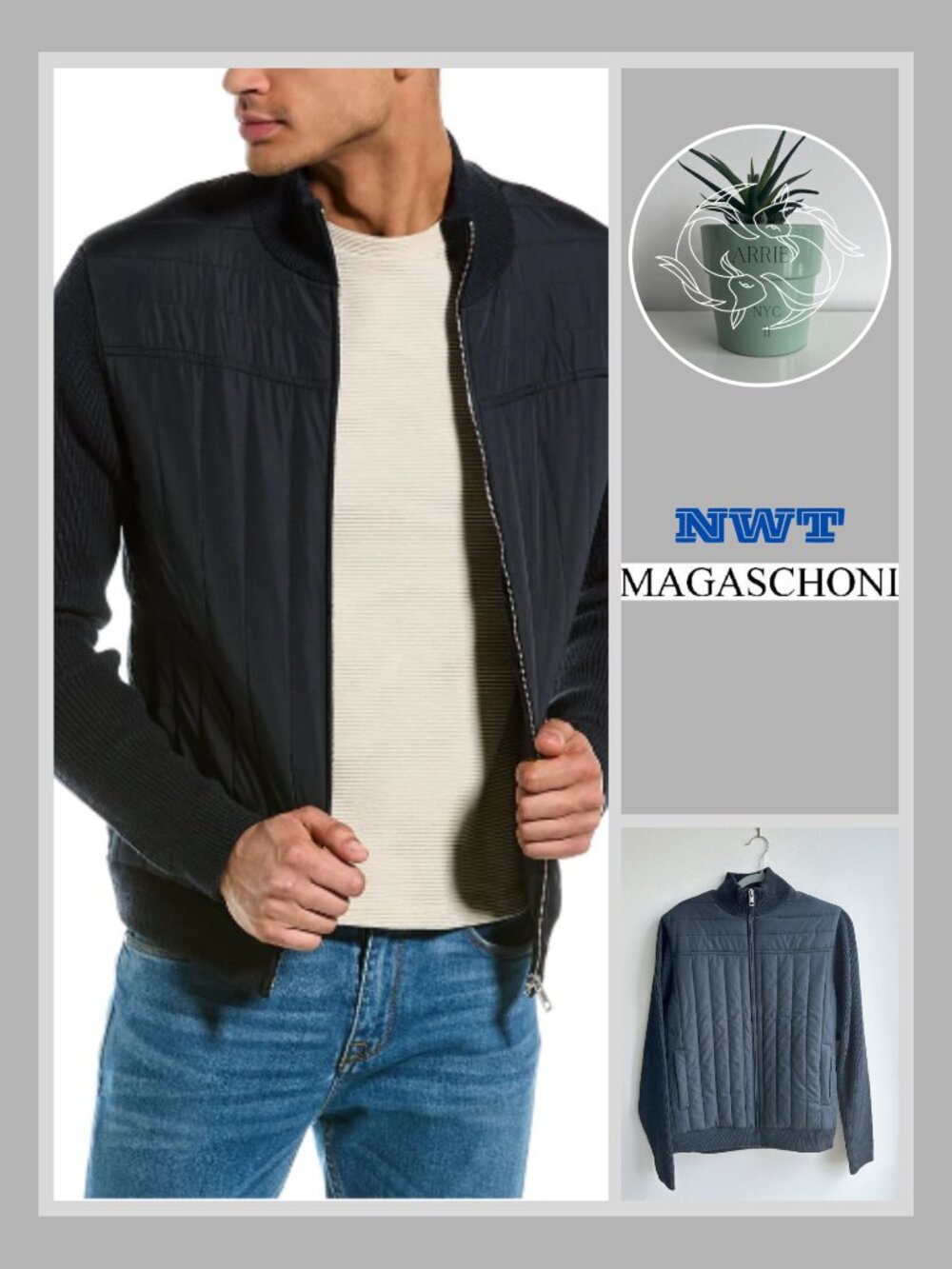 Magaschoni - Men's Mock Neck Front Quilted Zip-Up Jacket in Navy (S)